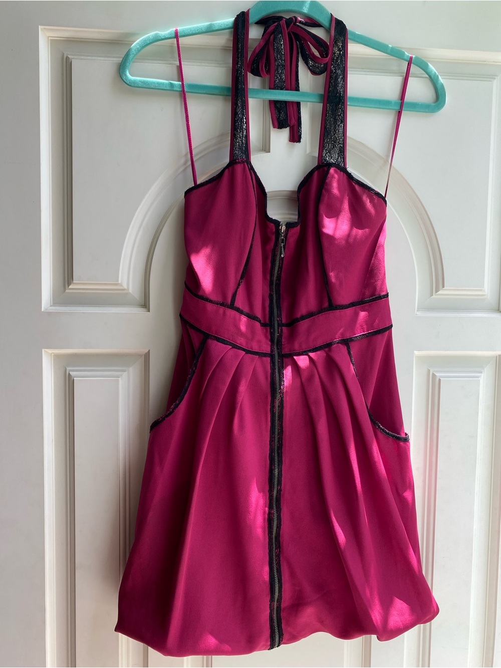 Guess Brand Fuchsia Halter Babydoll Dress with Black Lace Trim